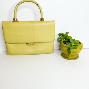 Vintage Leather Handbag Butter Yellow Top Handle Frame Bag